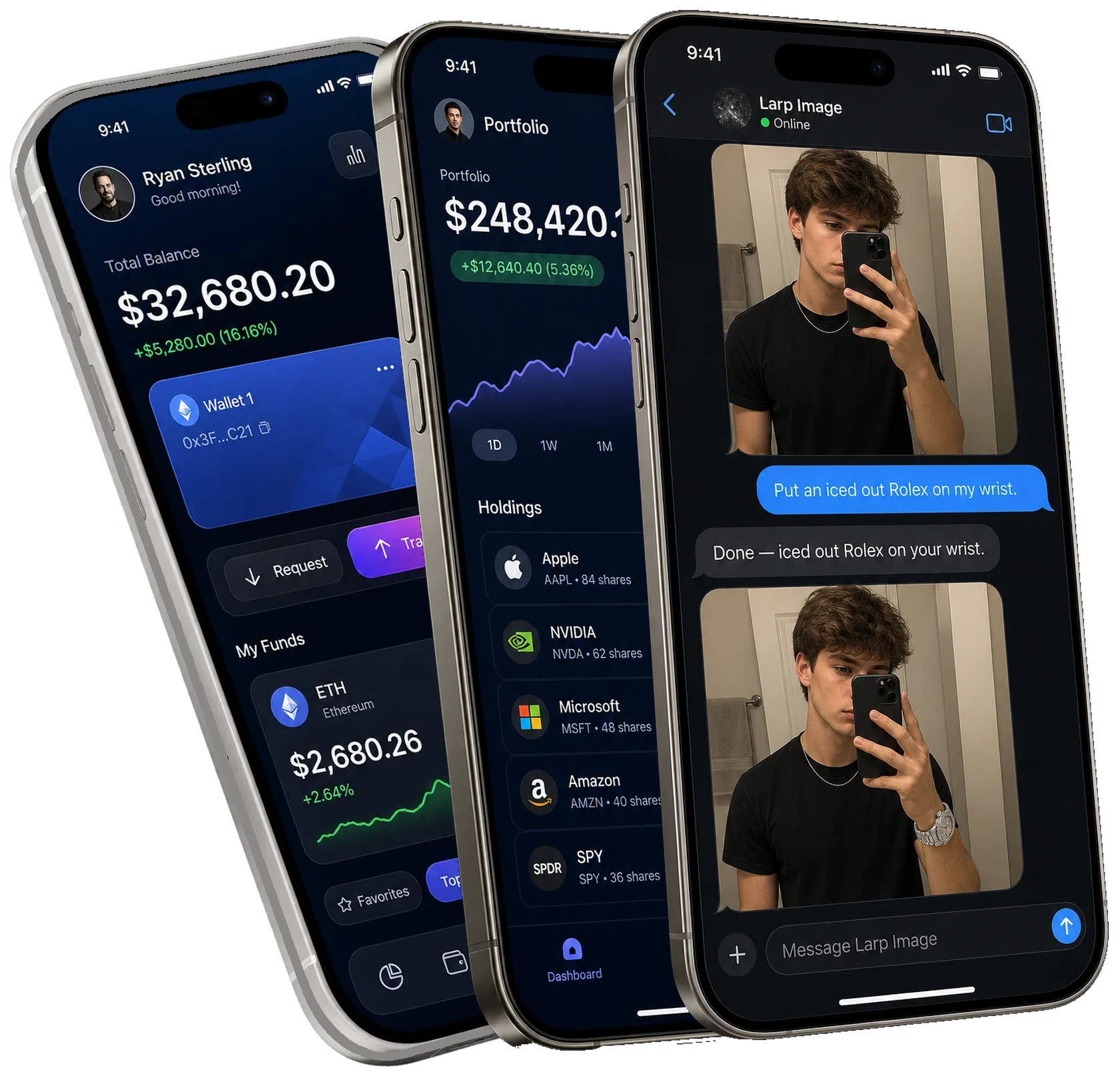 LarpWorld crypto wallet, stock dashboard, and Larp Image on 3D iPhones